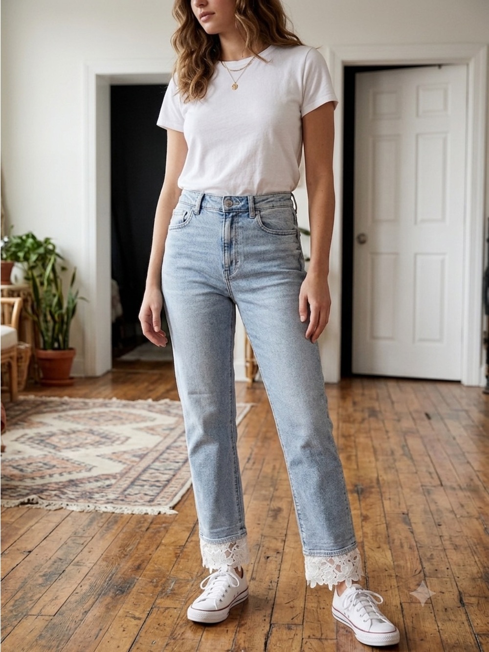 American Eagle Outfitters Light Blue Straight Leg Jeans with Lace Hem